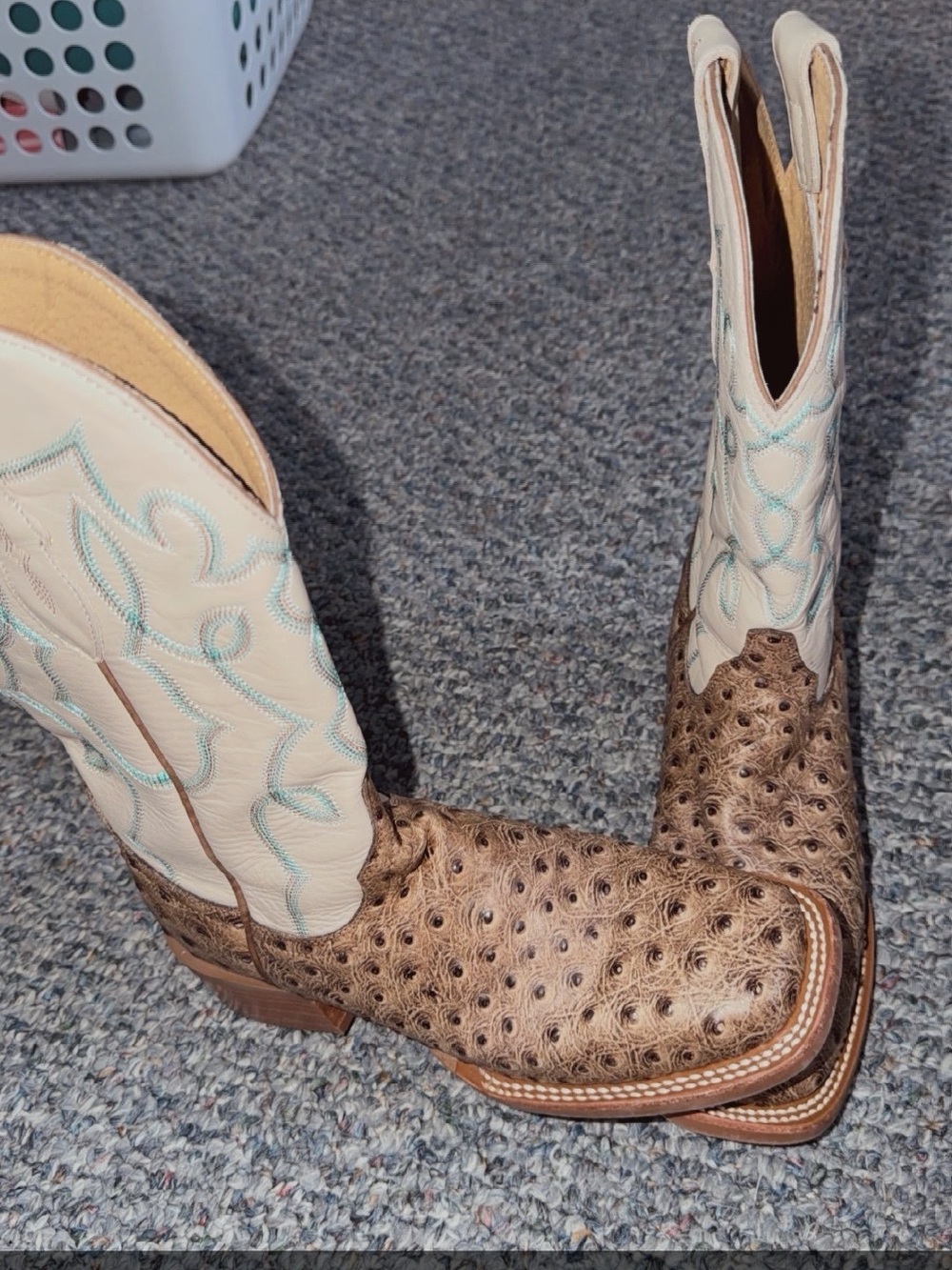Women's Two-Tone Ostrich Western Heeled Boots - Cream Shaft, Brown Foot